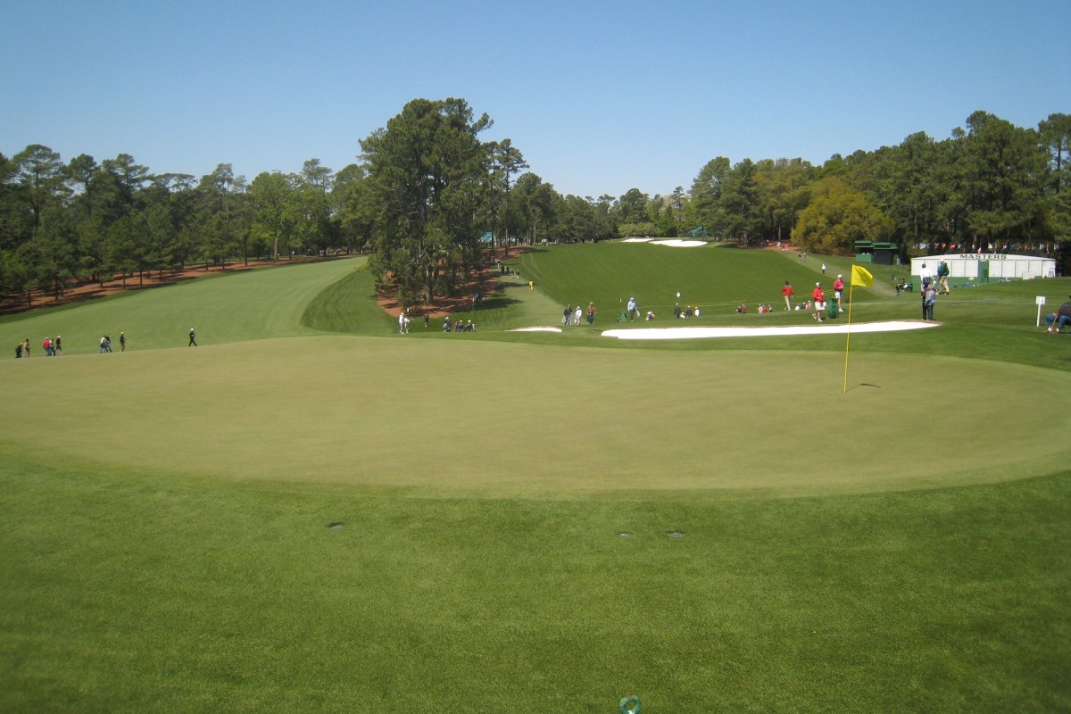 view from behind 9 green at Augusta National GC during the Masters Tournament