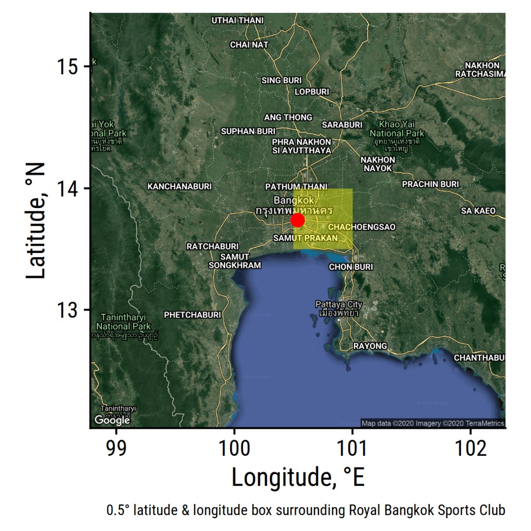 map showing a boundary box for a half degree of latitude and longitude around Bangkok and east