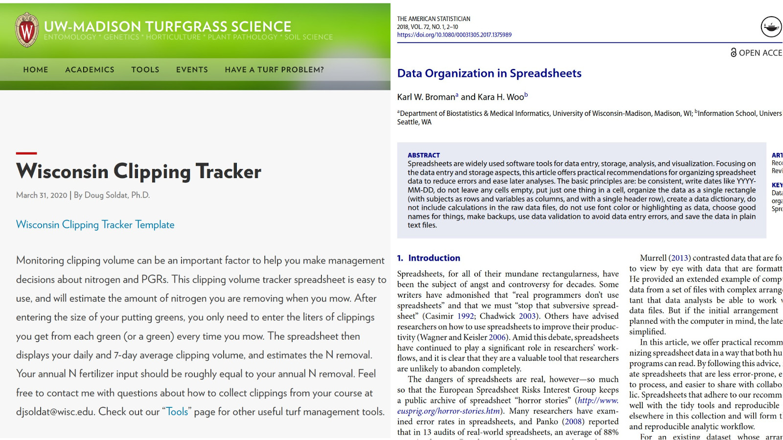 shows 2 images the blog post of Wisconsin clipping tracker template and the Broman and Woo superb article on data in spreadsheets